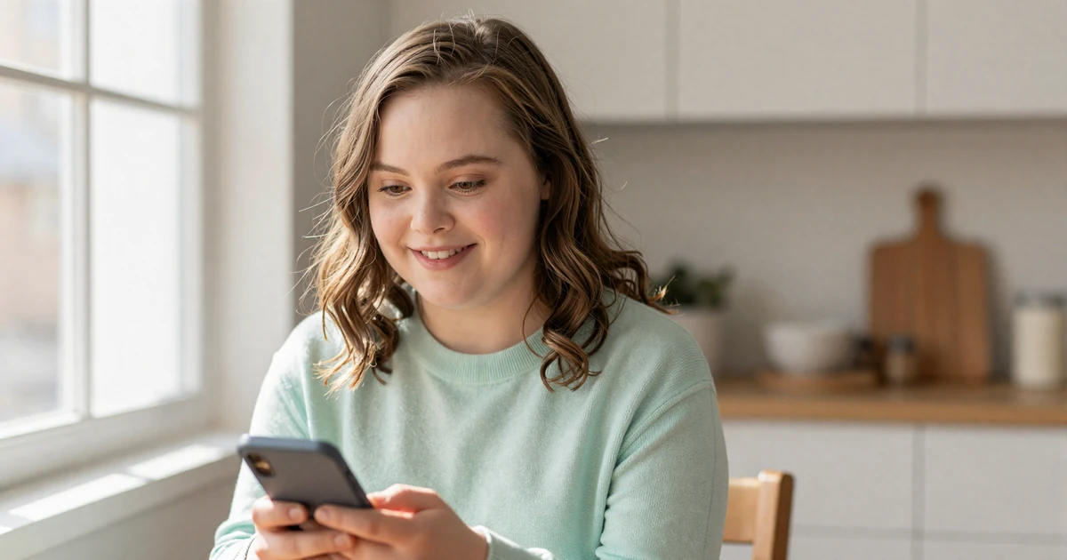 Young woman with Down syndrome smiling at her phone while using a friendly Down syndrome dating website at home