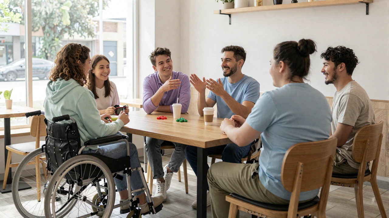 Diverse group of disabled friends laughing together at a bright cafe, representing inclusive dating community