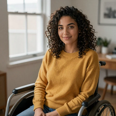 Maya, wheelchair user, smiling portrait