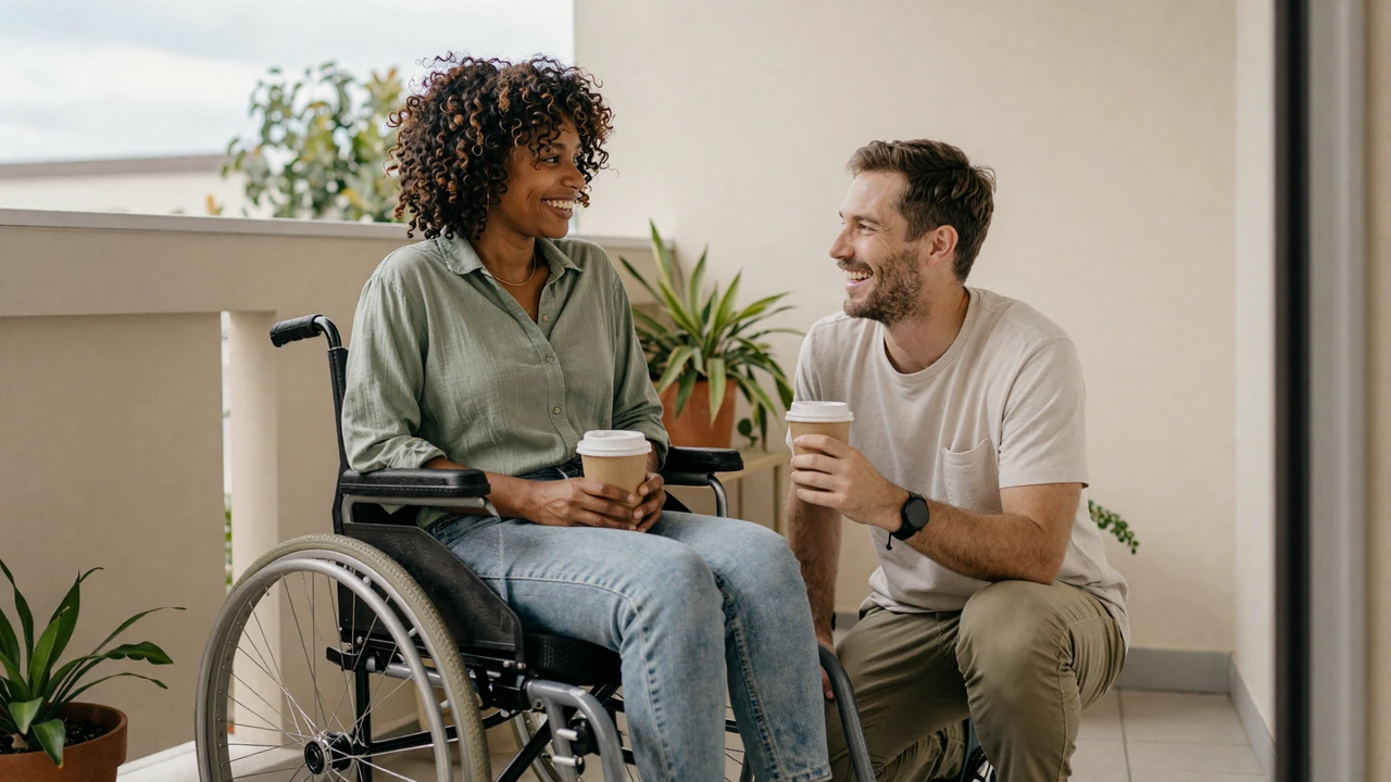 Interabled couple laughing together on a sunlit balcony - a wheelchair user with natural curls and her partner kneeling beside her sharing coffee, showing dating with a disability as joyful and real