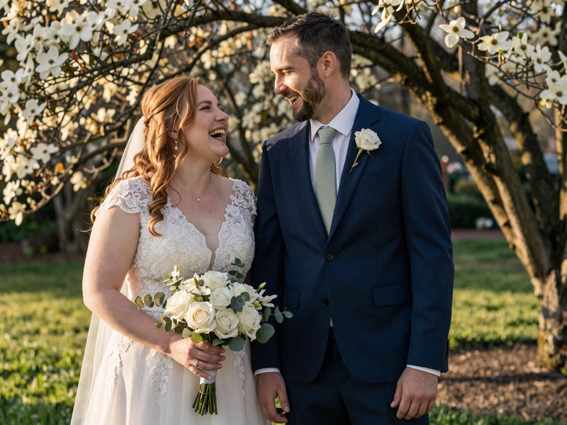 Kaci in an ivory lace dress and Collin in a navy suit laughing together in a sunlit garden on their February wedding day