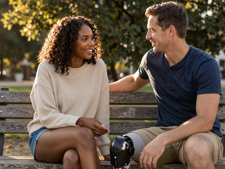 Amputee woman with below-knee prosthetic laughing on a park bench with her partner on an amputee dating website