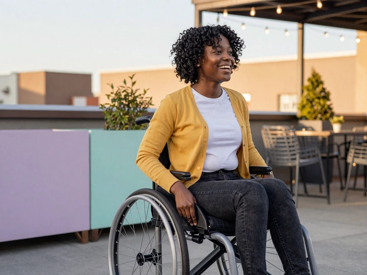 Smiling wheelchair user enjoying a rooftop date in golden evening light