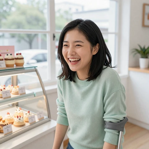 Lily, cerebral palsy member laughing at a bakery