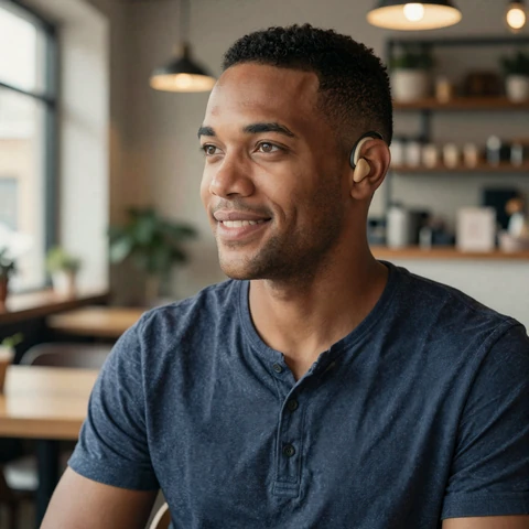 Ethan, deaf community member, smiling in a cafe