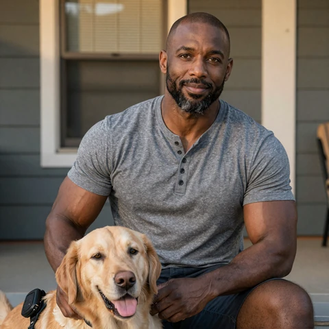 Marcus, PTSD veteran with service dog on porch