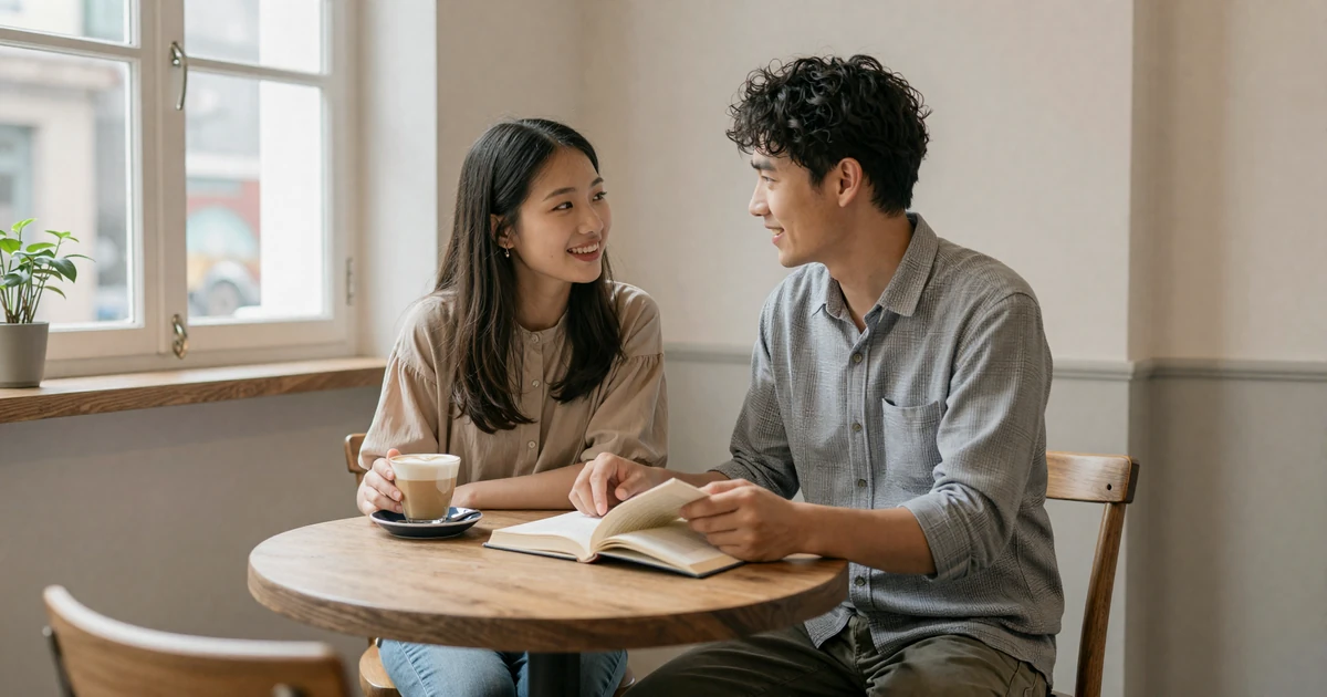 Deaf couple signing to each other at a cafe table on a Deaf dating site