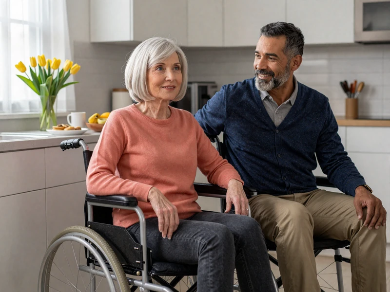 Leslie in her wheelchair and Howard standing beside her, smiling as they prepare breakfast together in a sunlit kitchen