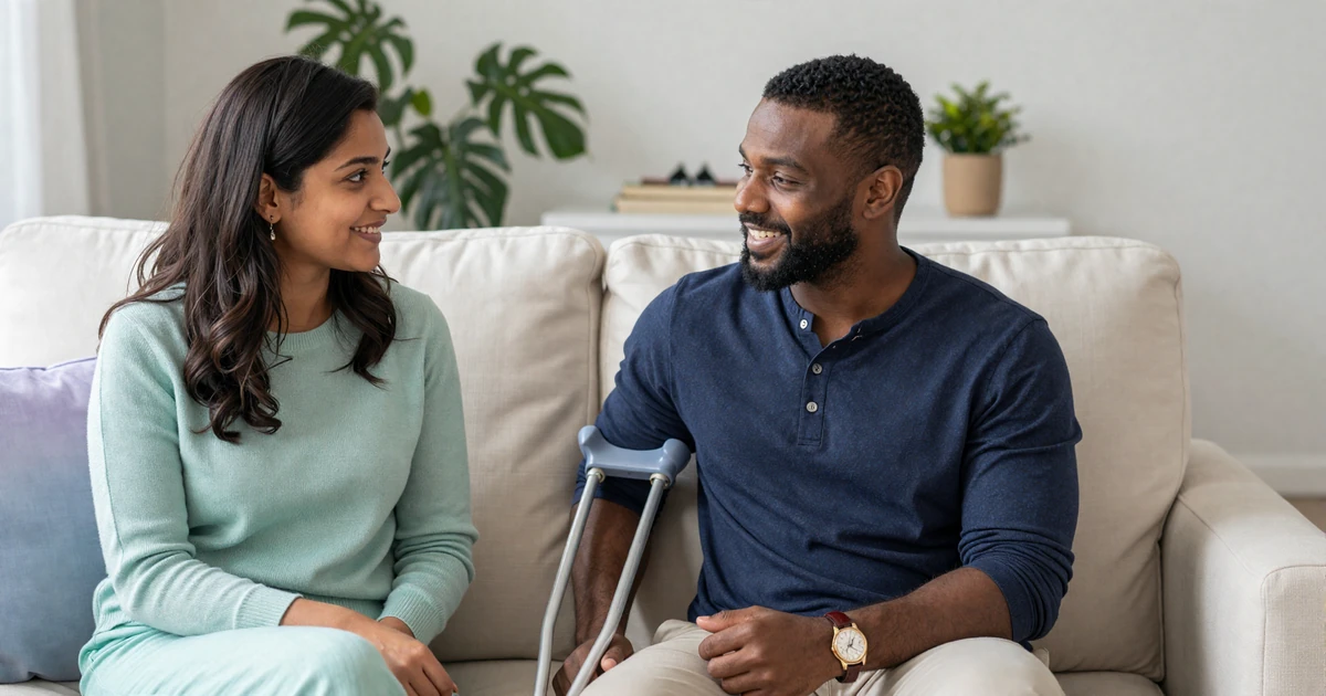 Interabled couple sitting close on a cream sofa having a warm, attentive conversation about feelings and needs