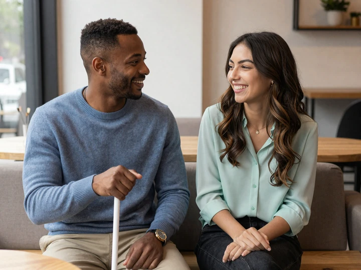 Blind man using a white cane and his sighted partner laughing together on a café bench - voice-first blind dating app community