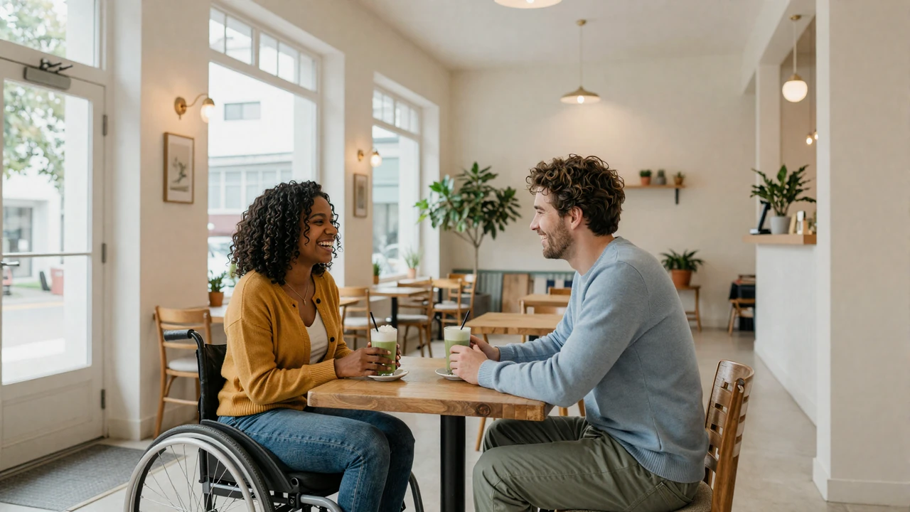 Wheelchair user and her date laughing together over coffee at an accessible cafe with wide aisles and ramp entrance