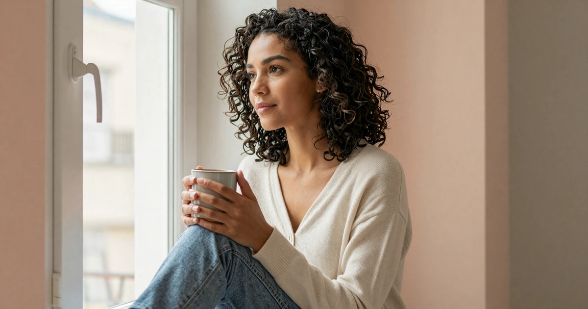 Woman with PTSD resting by a sunlit window before a first date on a trauma-informed dating site