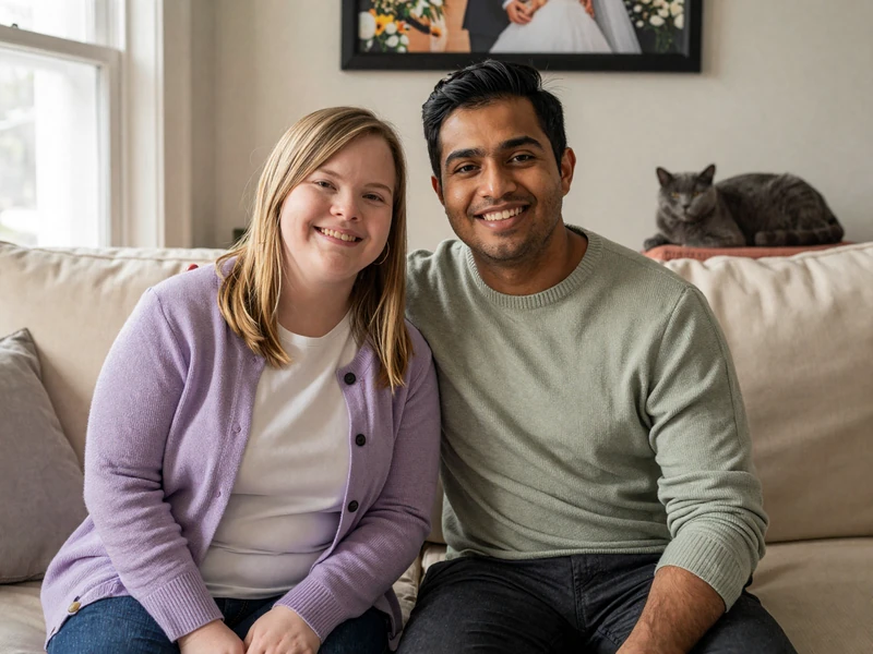 Emily and Shaylan sitting together on a cream sofa in their sunlit living room, smiling warmly with a wedding photo visible behind them