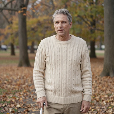 David, blind community member walking in autumn park