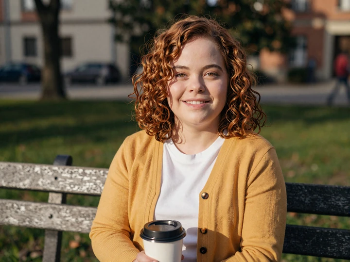 Woman with achondroplasia smiling on a park bench using a dwarfism dating site