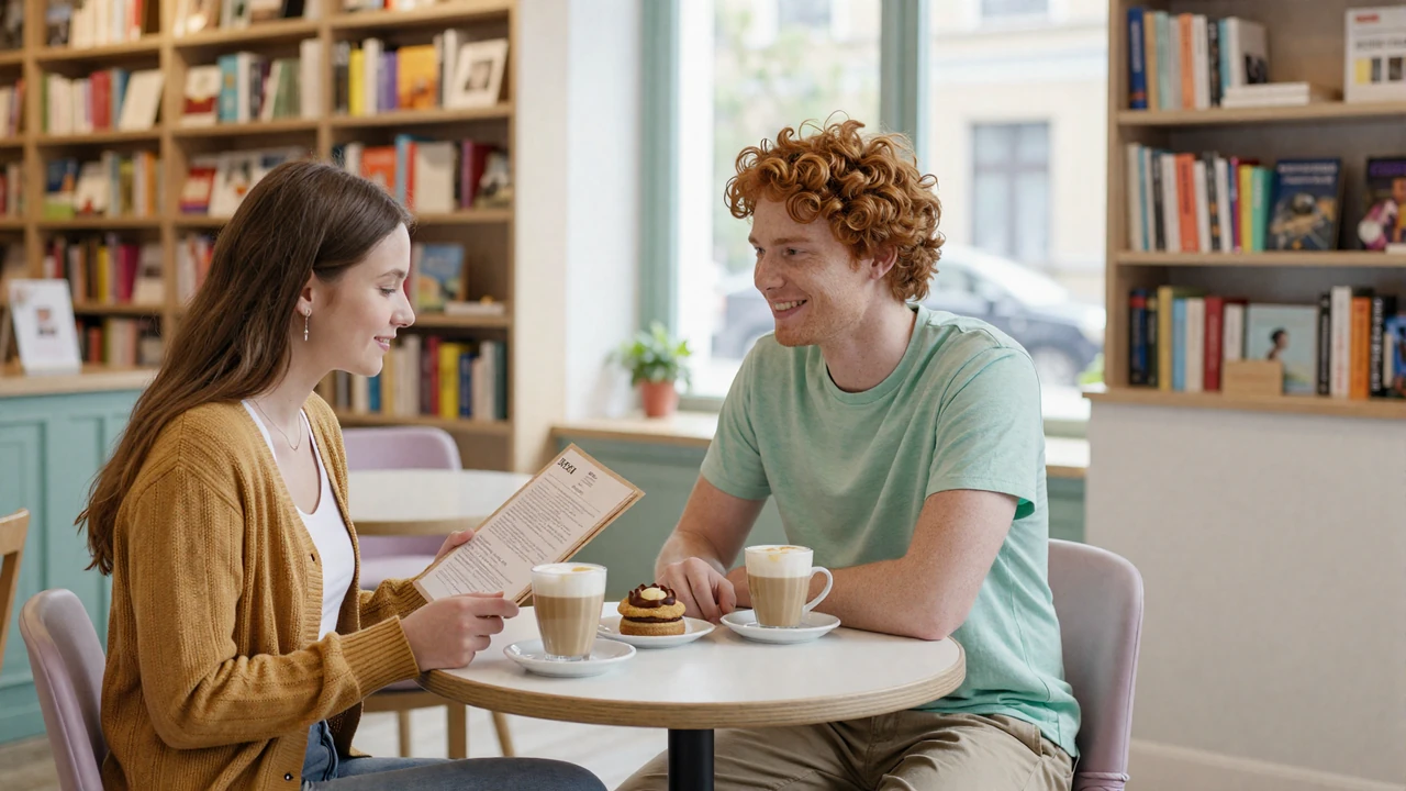 Two introverted daters sharing a quiet conversation at a sunlit bookstore cafe with soft pastel tones and calm background