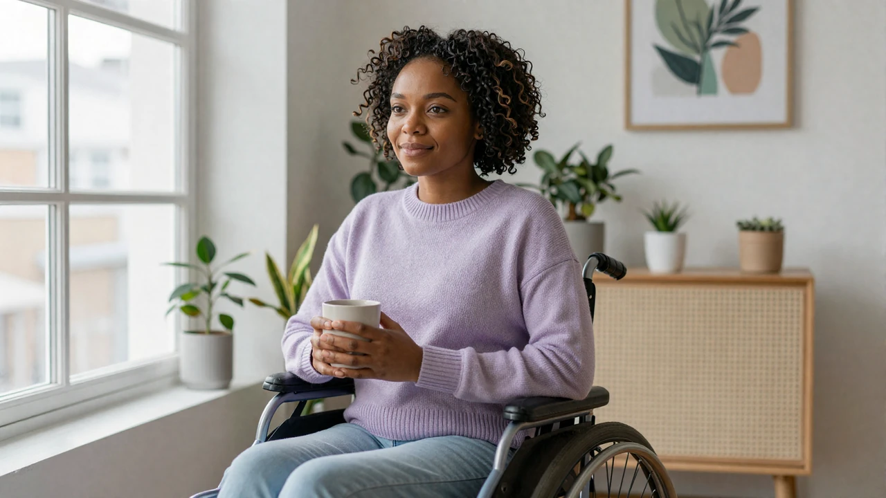 Black woman wheelchair user in a lavender sweater smiling confidently by a bright window while holding coffee at home