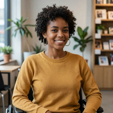 Naomi, manual wheelchair user, smiling in a bookstore