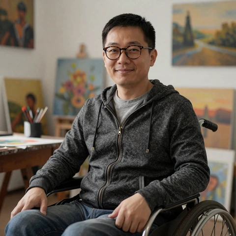 Eli, manual wheelchair user, in an art studio