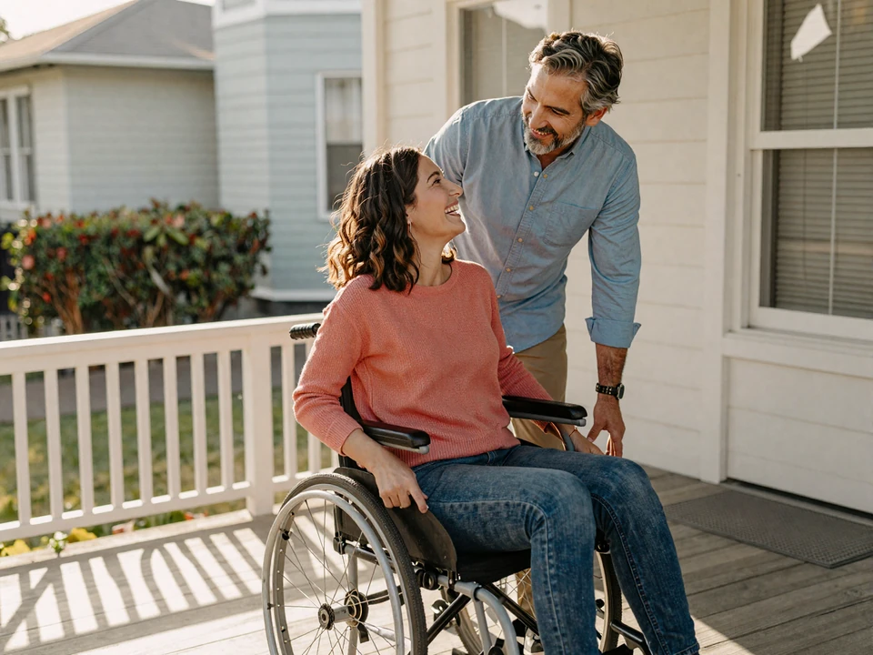 Leslie and Howard, interabled couple from San Francisco, laughing together on a sunlit porch