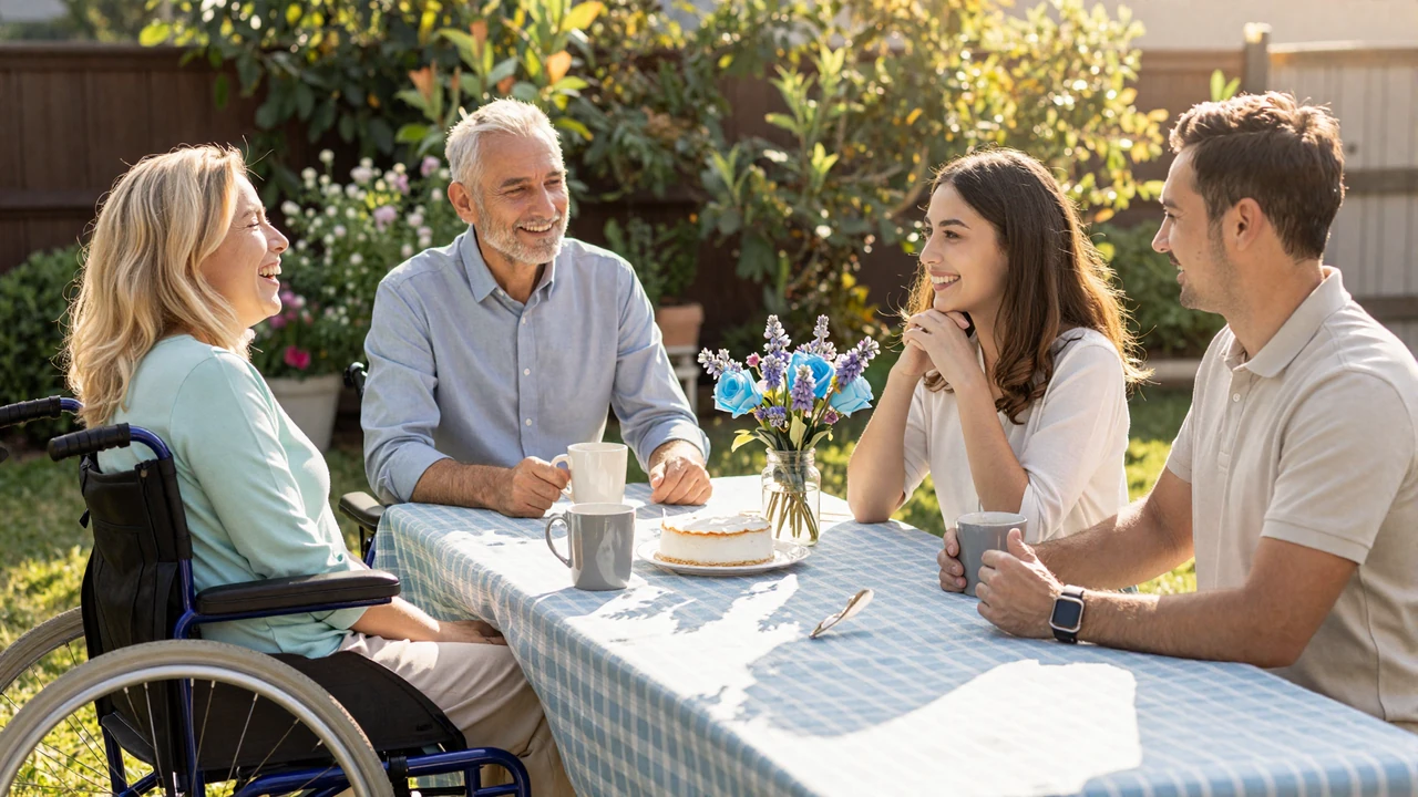 Three happy interabled couples gathered around a sunlit backyard table, celebrating with coffee and cake