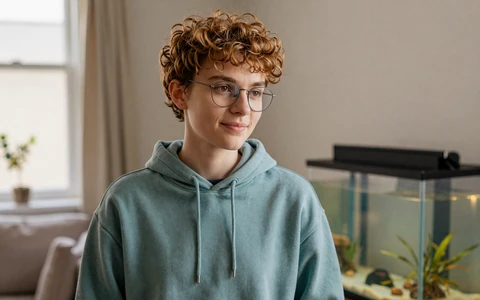 Rowan, autistic non-binary member beside aquarium on autism dating site