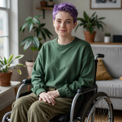 Robin, ambulatory wheelchair user, at home with plants