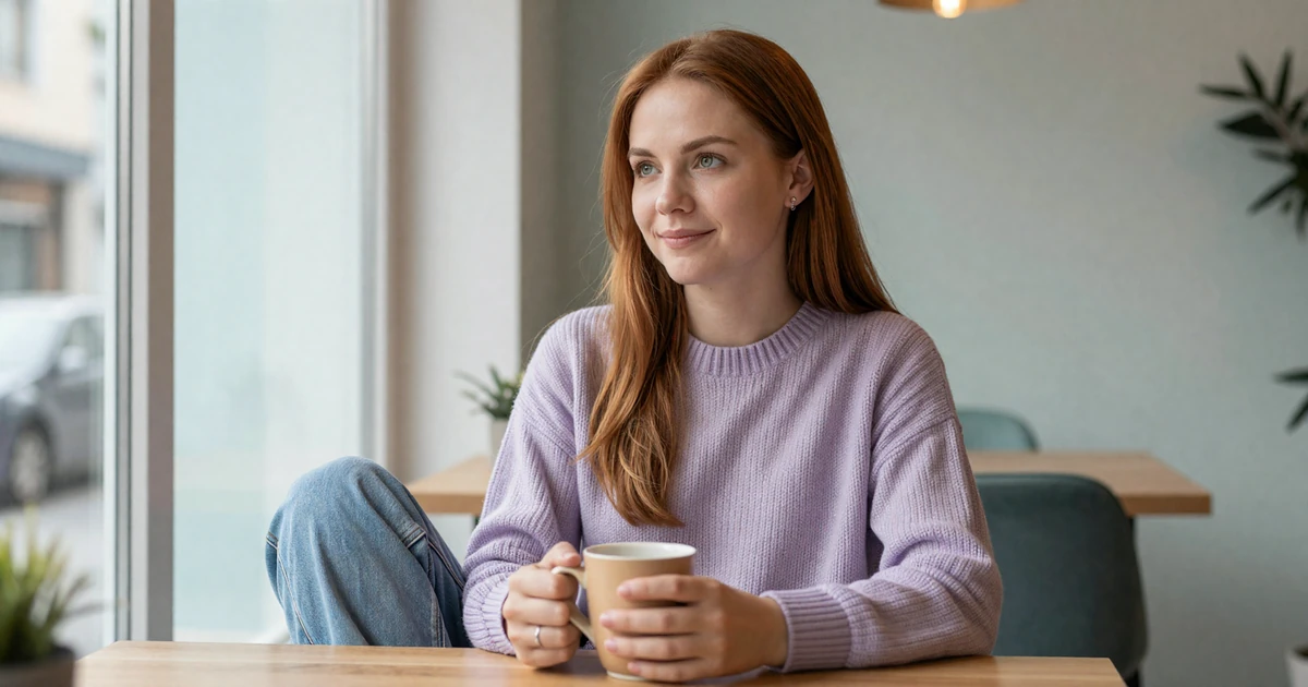 Autistic woman in lavender sweater relaxing at quiet cafe window seat on autism dating app