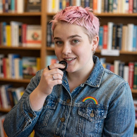 Jordan, autistic non-binary member smiling in a bookstore