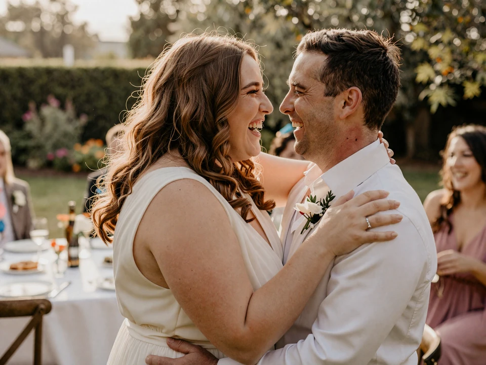 Kaci and Collin on their February wedding day, embracing in a sunlit garden