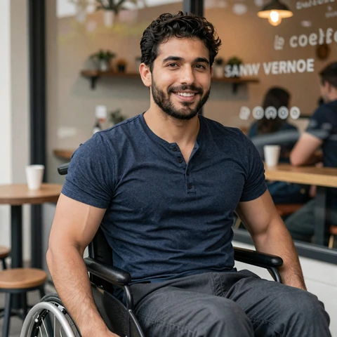 Theo, power wheelchair user, smiling at a cafe window
