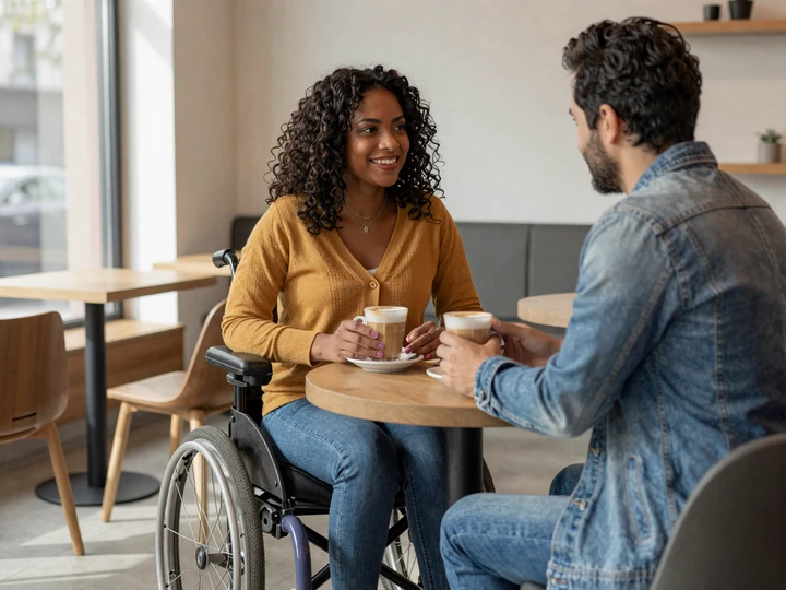Interabled couple on a cafe date, a wheelchair user with cerebral palsy laughing with her non-disabled partner