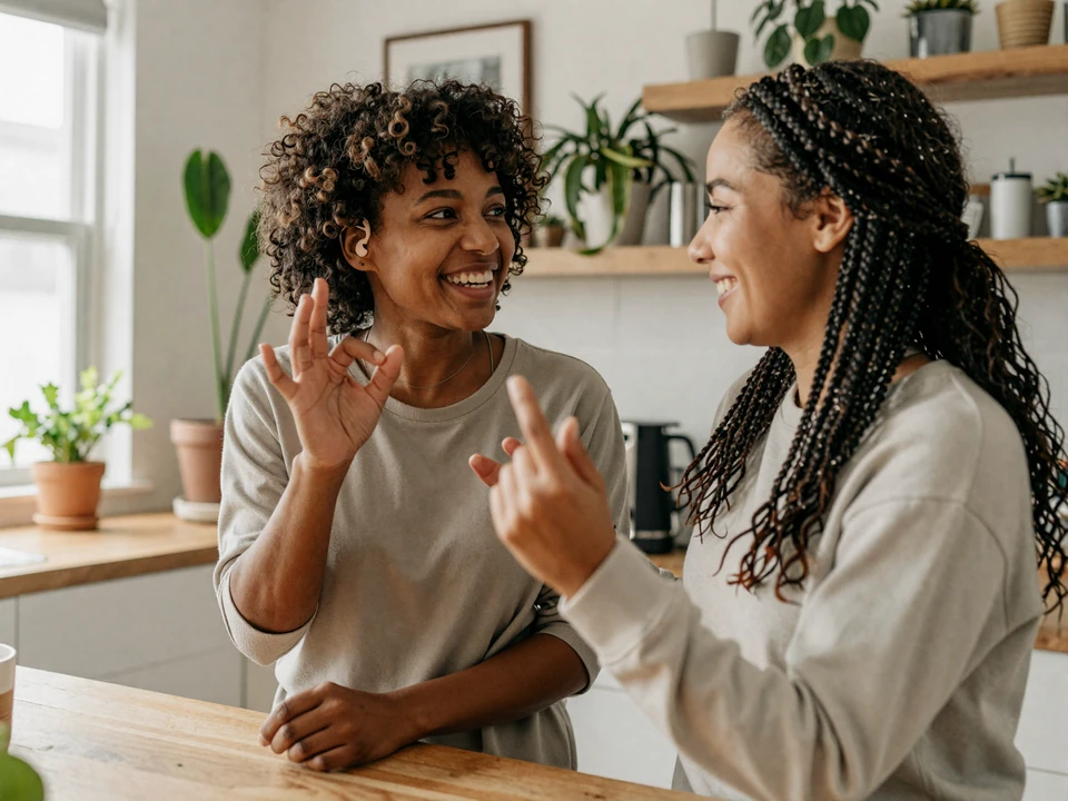 Emily and Shaylan, a Deaf community couple, signing ASL together in their plant-filled kitchen