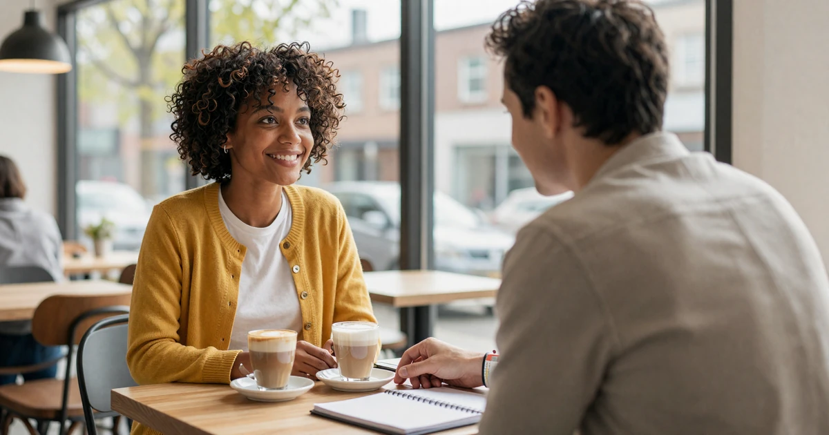 Woman with epilepsy laughing on a relaxed cafe first date with a supportive partner