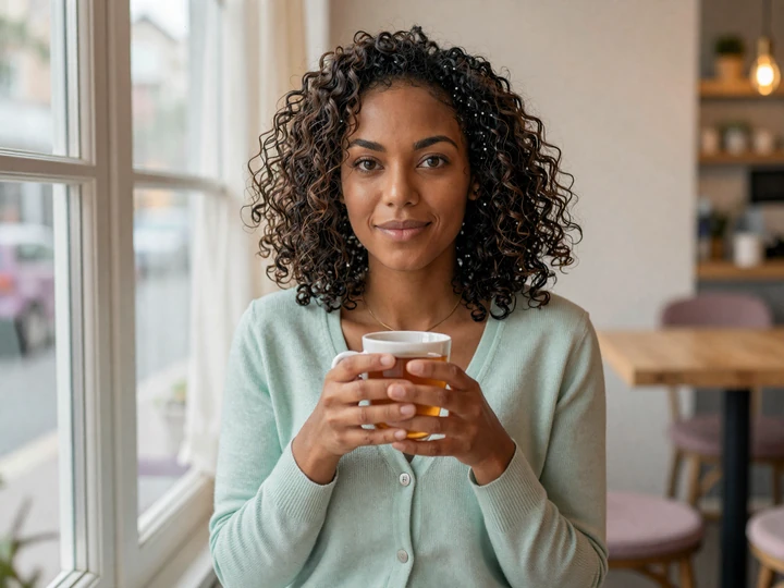 Woman with bipolar disorder smiling on a peaceful morning coffee date through a bipolar dating site